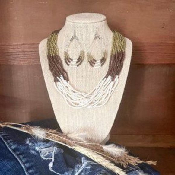 Brown Cream & Gold Multi Strand Seed Beaded Necklace and Earring Set - OS - Picture 2 of 8